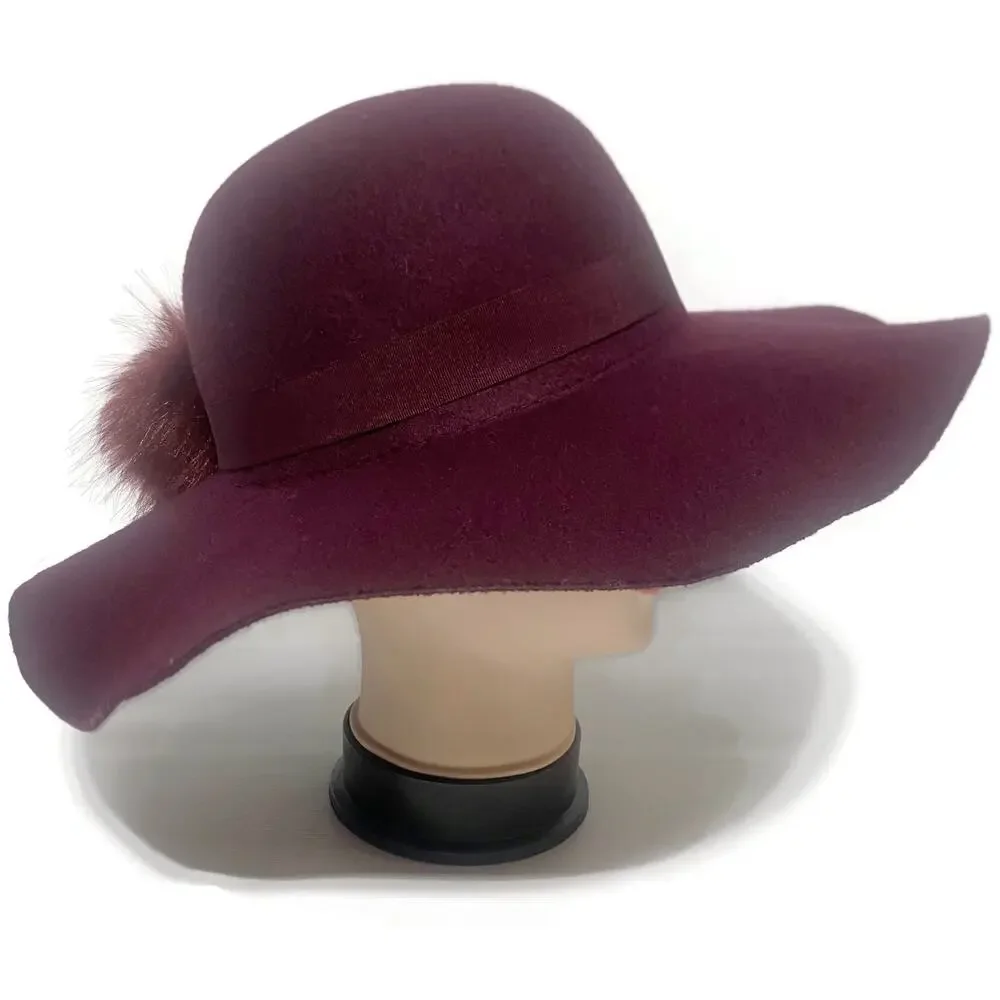 Torrid Wide-Brim Felt Hat With Fur Pom-Pom Deep Burgundy Purple Size S/M